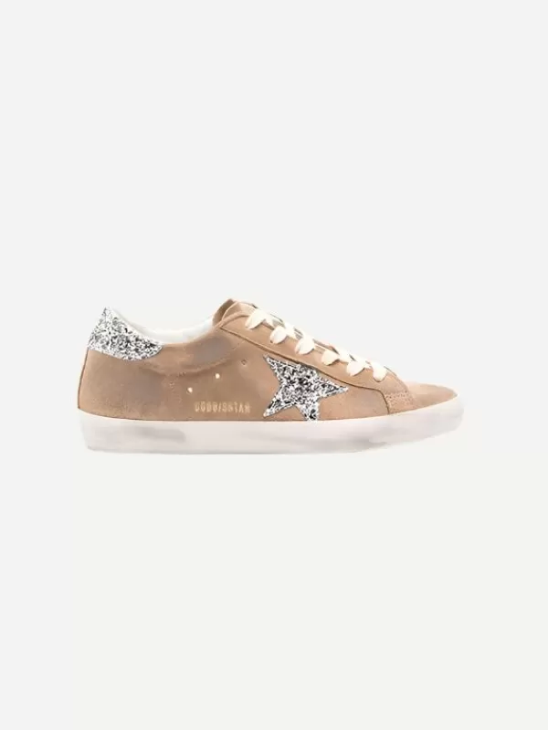 GOLDEN GOOSE Distressed Suede Glitter Super Star in Tan