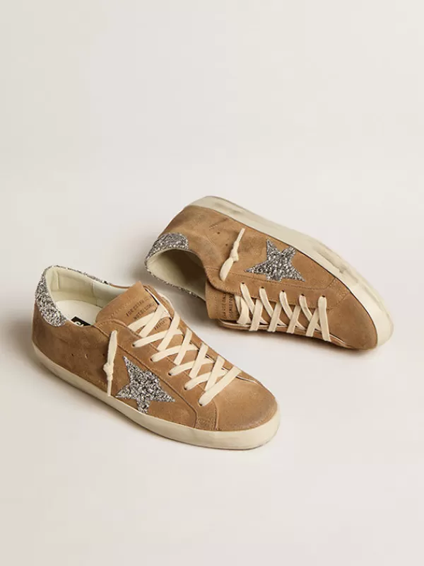 GOLDEN GOOSE Distressed Suede Glitter Super Star in Tan